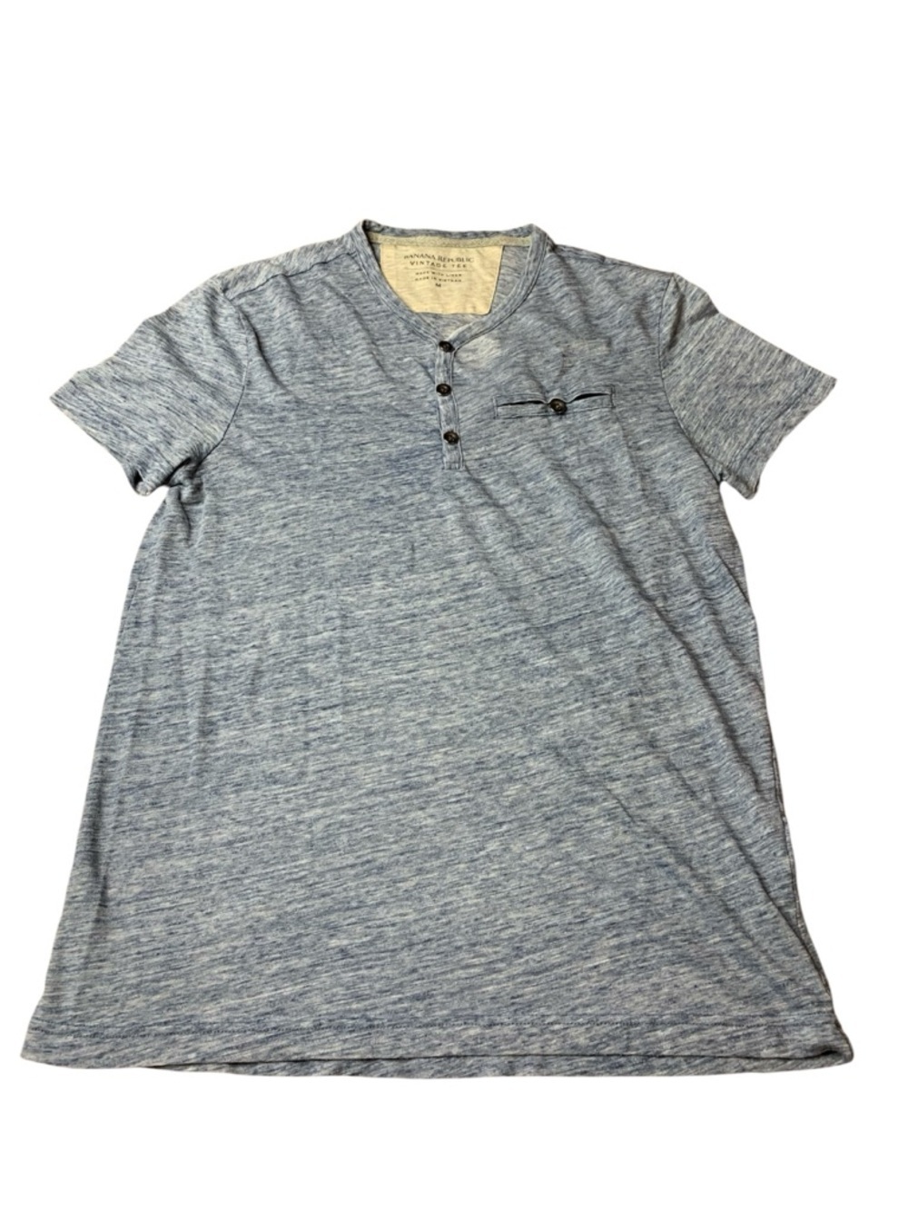 Banana Republic Linen Blend Henley Pocket Tee - Blue Heathered - Medium